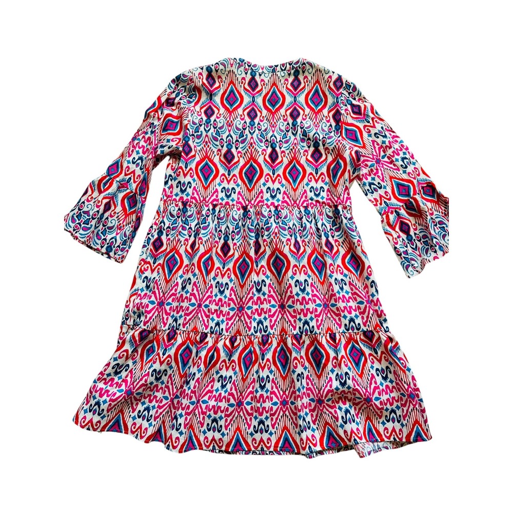 Boho Boden Ikat Tiered Mini Dress Size 10 Pink Blue Bell Sleeve V-Neck - Picture 6 of 7